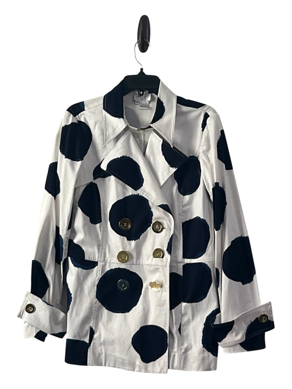 just be White Trench Coat with Black Polka Dots and Gold Buttons, Size XL - Picture 2 of 13